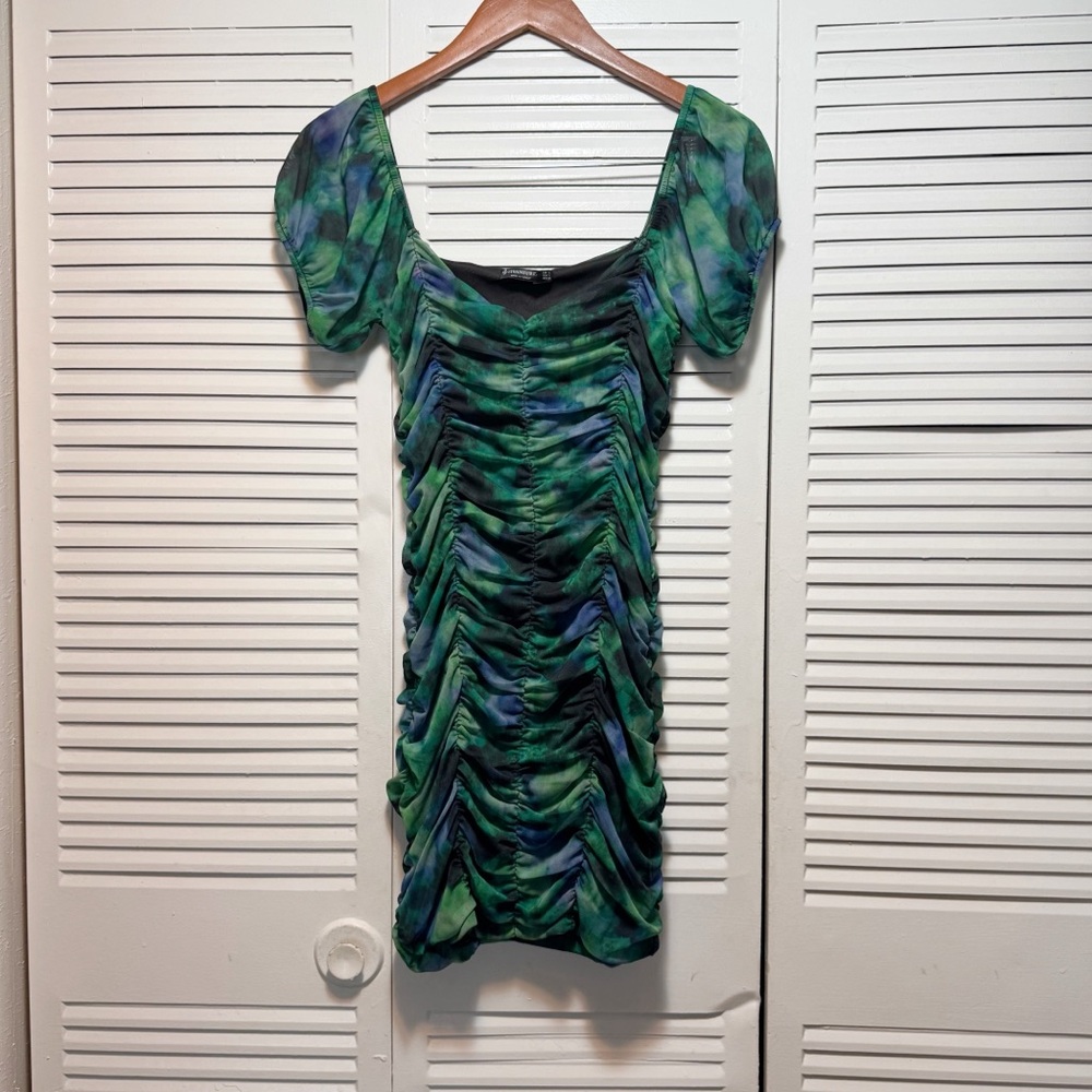 Stradivarius Deep Watercolor Green Blue Bodycon Dress Short Puff Sleeve Size S